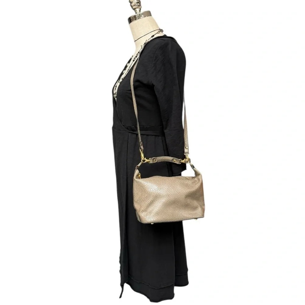 Vintage Metallic Taupe Snake-Embossed Leather Crossbody Bag